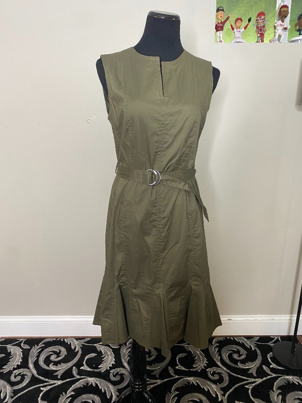 Calvin Klein Olive Green Sleeveless Midi Dress with Belt Size 6